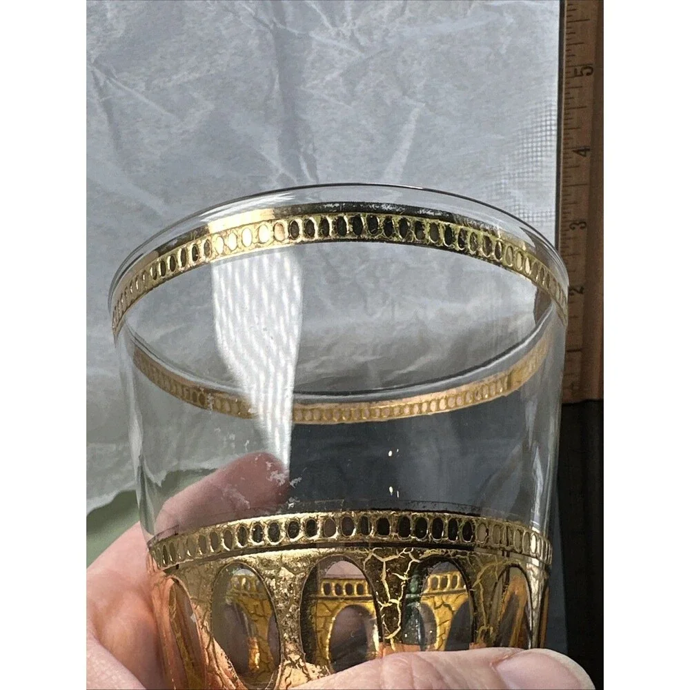 Culver LTD 22K Gold Roman Arch Lowball Glass 4” Mid Century Barware Heavy Base